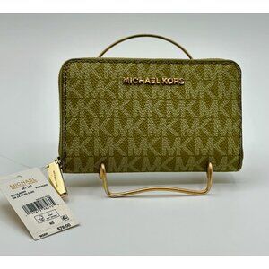 Michael Kors Jet Set Pistachio Sm Signature Logo Semi Lux Zip Around Card Case